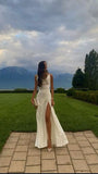 Mermaid Spaghetti Straps Floor-length White Slit Evening Dress Prom Dresses SD2055