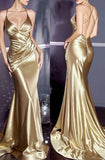 Mermaid Halter Floor Length Gold Satin Evening Dress Prom Dresses SD2060