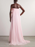 A line Strapless Pink Chiffon Slit Long Evening Dress Prom Dresses SD2070