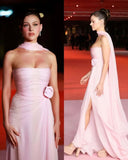A line Strapless Pink Chiffon Slit Long Evening Dress Prom Dresses SD2070