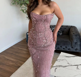 Mermaid Strapless Tulle Pink Long Evening Dress Prom Dresses With Beads SD2073