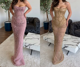 Mermaid Strapless Tulle Pink Long Evening Dress Prom Dresses With Beads SD2073