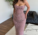 Mermaid Strapless Tulle Pink Long Evening Dress Prom Dresses With Beads SD2073