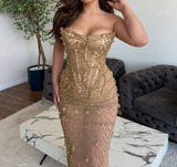 Mermaid Strapless Tulle Pink Long Evening Dress Prom Dresses With Beads SD2073