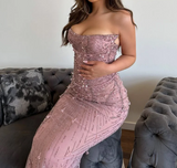 Mermaid Strapless Tulle Pink Long Evening Dress Prom Dresses With Beads SD2073
