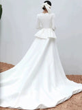 Ball Gown Scoop Neckline Long Sleeves White Satin Wedding Dresses SD2080