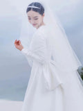 Ball Gown Scoop Neckline Long Sleeves White Satin Wedding Dresses SD2080