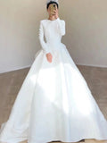 Ball Gown Scoop Neckline Long Sleeves White Satin Wedding Dresses SD2080
