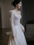 A Line Square Neckline Sequin Pleats Long Sleeves Wedding Dresses SD2082