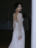 A Line Square Neckline Sequin Pleats Long Sleeves Wedding Dresses SD2082