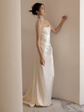 Mermaid Strapless Pleats Long White Satin Wedding Dresses SD2083