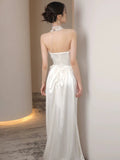 Mermaid Strapless Pleats Long White Satin Wedding Dresses SD2083