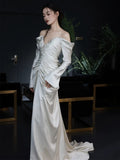 Mermaid Off The Shoulder Pleats Long Sleeves Satin Wedding Dresses SD2084