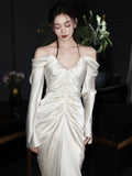 Mermaid Off The Shoulder Pleats Long Sleeves Satin Wedding Dresses SD2084