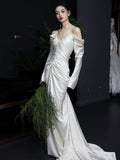 Mermaid Off The Shoulder Pleats Long Sleeves Satin Wedding Dresses SD2084
