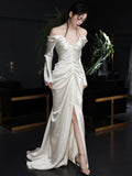 Mermaid Off The Shoulder Pleats Long Sleeves Satin Wedding Dresses SD2084