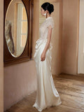 Mermaid High Neckline Pearls Pleats Long White Satin Wedding Dresses SD2085