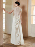 Mermaid High Neckline Pearls Pleats Long White Satin Wedding Dresses SD2085