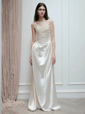 Mermaid One Shoulder Pearls Pleats Long White Satin Wedding Dresses SD2086