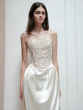 Mermaid One Shoulder Pearls Pleats Long White Satin Wedding Dresses SD2086