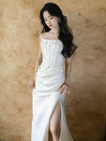 Mermaid Strapless Pleats Long White Satin Wedding Dresses Brides Dress SD2087