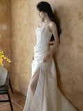 Mermaid Strapless Pleats Long White Satin Wedding Dresses Brides Dress SD2087