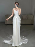 Mermaid Strapless Pleats Long White Satin Lace Wedding Dresses Brides Dress SD2088