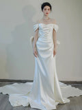 Mermaid Off The Shoulder Pleats Short Sleeves Satin Wedding Dresses SD2089