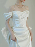 Mermaid Off The Shoulder Pleats Short Sleeves Satin Wedding Dresses SD2089