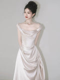 Mermaid Off The Shoulder Pleats Short Sleeves Satin Ivory Wedding Dresses SD2090