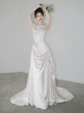 Mermaid Off The Shoulder Pleats Short Sleeves Satin Ivory Wedding Dresses SD2090
