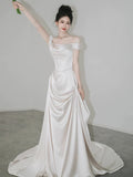 Mermaid Off The Shoulder Pleats Short Sleeves Satin Ivory Wedding Dresses SD2090