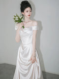 Mermaid Off The Shoulder Pleats Short Sleeves Satin Ivory Wedding Dresses SD2090