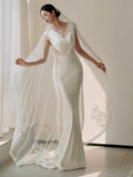 Mermaid V Neckline Lace Pleats White Satin Ruffles Wedding Dresses SD2092