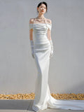 Mermaid Off The Shoulder Pleats Satin Wedding Dresses Brides Dress SD2093