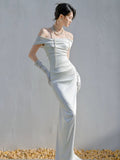 Mermaid Off The Shoulder Pleats Satin Wedding Dresses Brides Dress SD2093