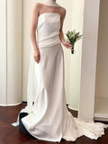 Mermaid Strapless Pleats Satin Wedding Dresses Brides Dress SD2094