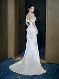 Mermaid Off The Shoulder Pleats Satin Wedding Dresses Brides Dress SD2095