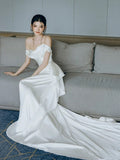 Mermaid Off The Shoulder Pleats Satin Wedding Dresses Brides Dress SD2095