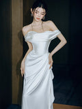 Mermaid Off The Shoulder Pleats Satin Wedding Dresses Brides Dress SD2095