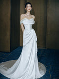 Mermaid Off The Shoulder Pleats Satin Wedding Dresses Brides Dress SD2095