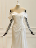 Mermaid Off The Shoulder Pleats Satin Long Sleeves Wedding Dresses Brides Dress SD2096