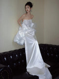 Mermaid Strapless Lace Pleats White Satin Ruffles Wedding Dresses SD2097