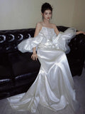 Mermaid Strapless Lace Pleats White Satin Ruffles Wedding Dresses SD2097