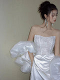 Mermaid Strapless Lace Pleats White Satin Ruffles Wedding Dresses SD2097