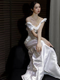 Mermaid Off The Shoulder Pleats Satin Short Sleeves Wedding Dresses Brides Dress SD2098
