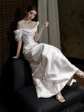 Mermaid Off The Shoulder Pleats Satin Short Sleeves Wedding Dresses Brides Dress SD2098