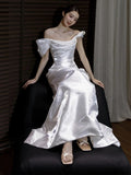 Mermaid Off The Shoulder Pleats Satin Short Sleeves Wedding Dresses Brides Dress SD2098