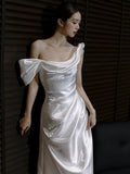 Mermaid Off The Shoulder Pleats Satin Short Sleeves Wedding Dresses Brides Dress SD2098