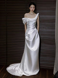 Mermaid Off The Shoulder Pleats Satin Short Sleeves Wedding Dresses Brides Dress SD2098